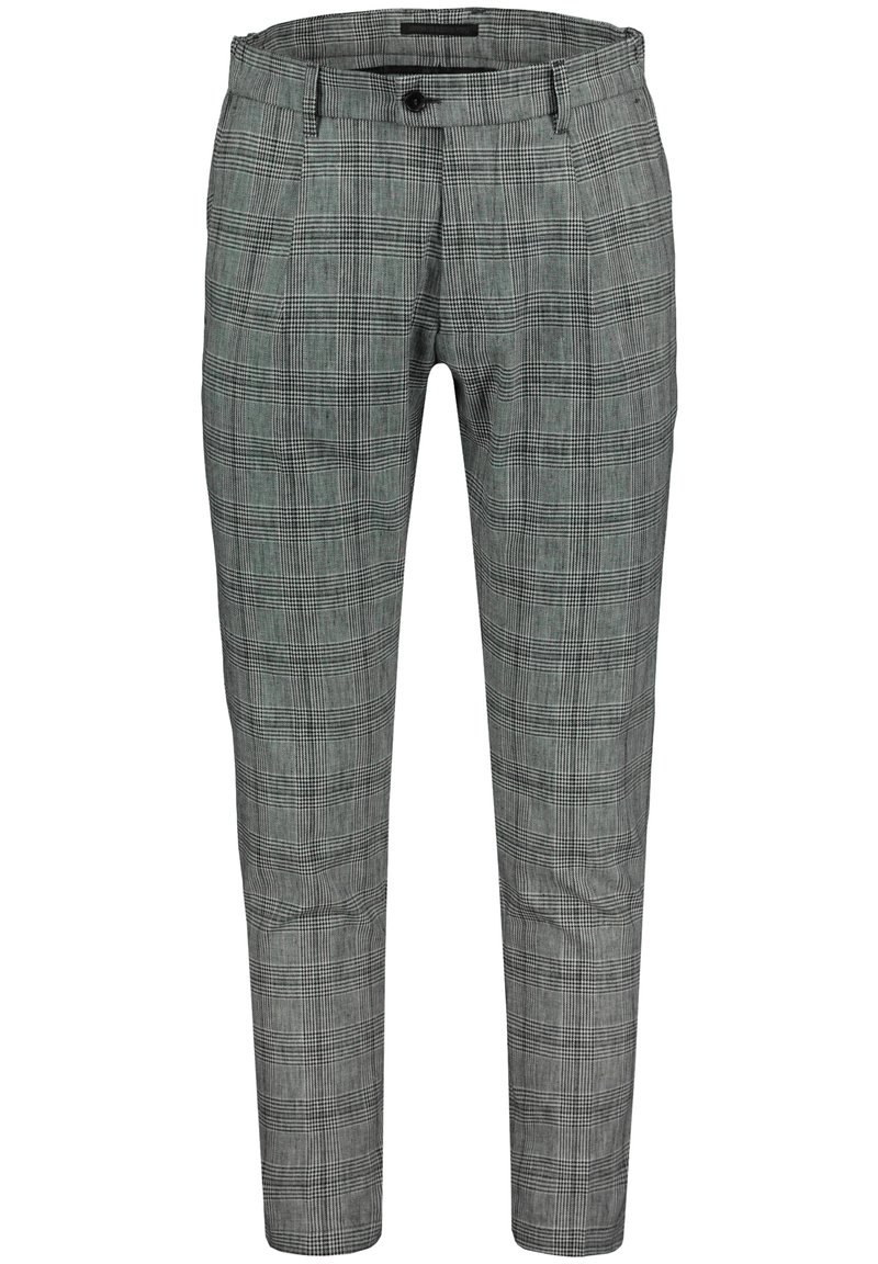 Šedé kostkované kalhoty s přizpůsobeným střihem, zapínáním na knoflíky a bočními kapsami. Vyrobené z lehké látky s hladkou texturou.