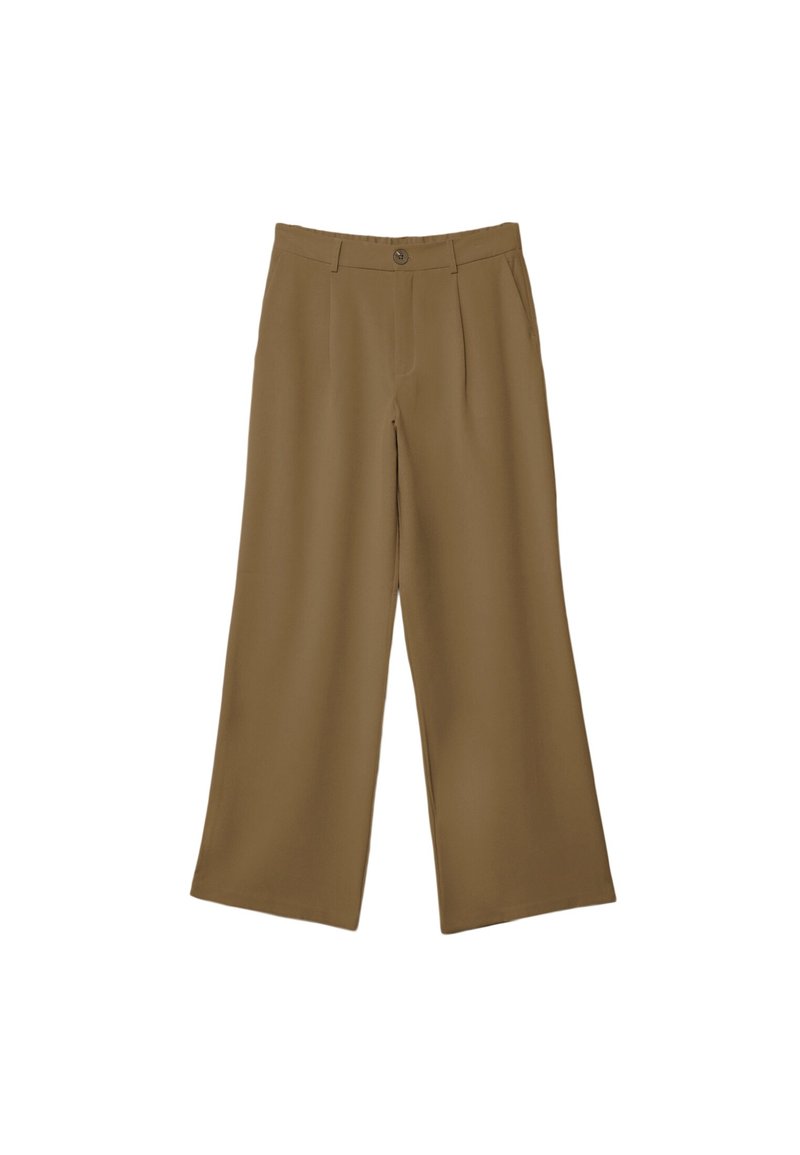 Pantalons larges marron en tissu lisse. Dotés d'une fermeture à bouton et de plis avant, avec un design simple et sans poches visibles.
