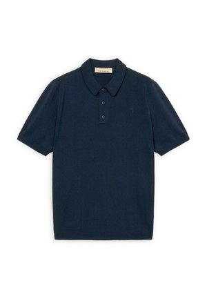Marineblaues kurzärmeliges Polohemd mit drei Knöpfen und dezentem perforiertem Muster, klassischem Kragen und Trussardi-Markenlabel auf der Innenseite des Kragens.
