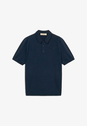 Marineblaues kurzärmeliges Polohemd mit drei Knöpfen und dezentem perforiertem Muster, klassischem Kragen und Trussardi-Markenlabel auf der Innenseite des Kragens.