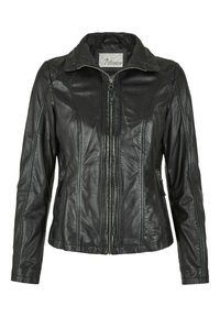 Schwarze Lederjacke mit Reißverschluss auf der Vorderseite, Stehkragen und seitlichen Taschen; zeichnet sich durch Nahtdetails und eine taillierte Silhouette aus.