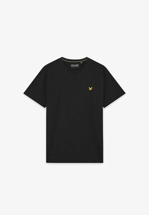 Schwarzes T-Shirt mit kurzen Ärmeln und Rundhalsausschnitt, mit einem kleinen gelben Vogel-Logo auf der linken Brust und einem "Lyle & Scott"-Etikett innen am Kragen.