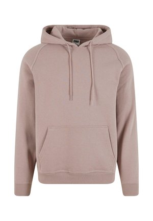 Ružičasti pamučni dukserica s prednjim džepom, podesivim vezicama na kapuljači, rebrastim manžetama i donjim rubom. Ima raglan rukave.