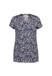 Kortärmad topp i krämfärg med blå paisleymönstrad blommor, med V-ringning och mjuk tygstruktur.