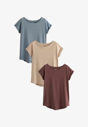 Sada tří triček v modré, béžové a burgundské barvě. Vyrobena z měkké bavlny, mají volný střih, krátké rukávy a kulatý výstřih.