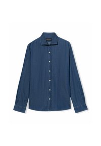 Koszula dżinsowa z długim rękawem, zapinana na guziki, z wywijanym kołnierzem i białymi guzikami, leżąca na białym tle.