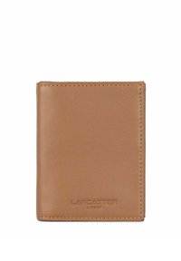 Brown leather wallet with a smooth texture, bi-fold design, and embossed branding on the front. No visible hardware or patterns.
