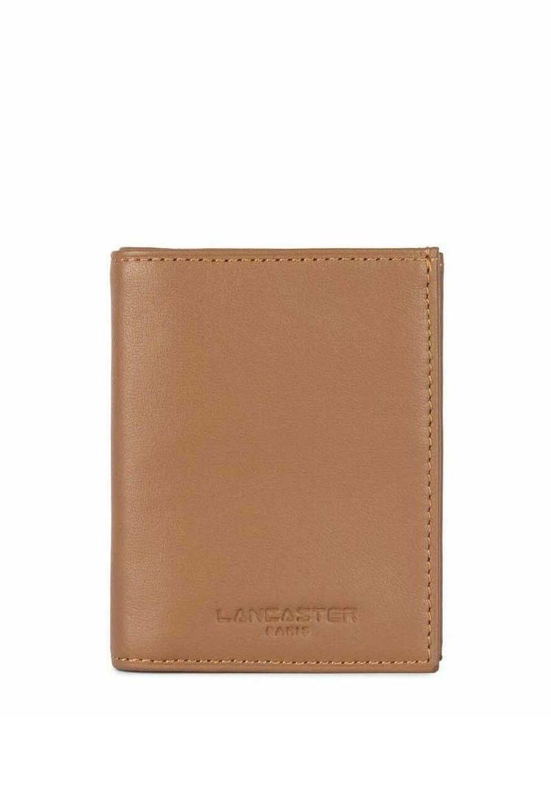 Brown leather wallet with a smooth texture, bi-fold design, and embossed branding on the front. No visible hardware or patterns.
