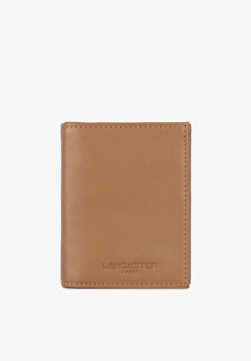 Brown leather wallet with a smooth texture, bi-fold design, and embossed branding on the front. No visible hardware or patterns.