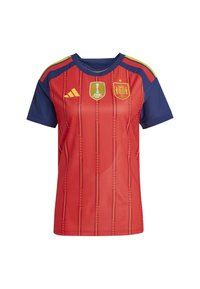 Red soccer jersey with navy blue sleeves, featuring vertical stripes, FIFA badge, and Spain crest. Made from breathable material.