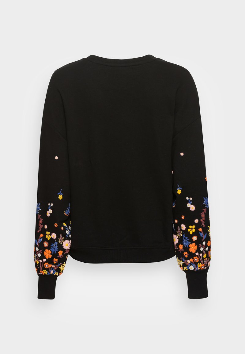 Zwarte sweatshirt met bloemende borduursels in levendige kleuren op de mouwen. Beschikt over een ronde halslijn en geribbelde manchetten voor een aansluitende pasvorm.