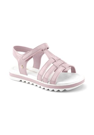 Różowy sandał dla malucha z regulowanym paskiem, kilkoma paskami z przodu, miękką białą podeszwą i żłobioną podeszwą zewnętrzną zapewniającą przyczepność.