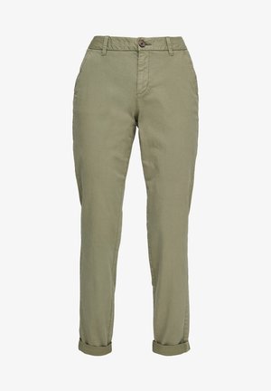 Olivgrüne Baumwollmischungshosen mit geradem Schnitt, Knopfverschluss, Seitentaschen und umgeschlagenen Säumen für einen lässigen Stil.