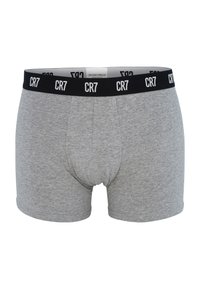Šedé boxerky s černým elastickým pasem s označením "CR7". Měkký bavlněný materiál, přiléhavý střih s hladkou texturou.