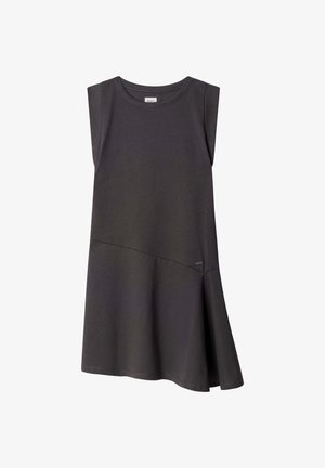 Vestido casual sin mangas de color gris oscuro con costura asimétrica y un leve vuelo en la parte inferior, confeccionado con tela suave y ligera.