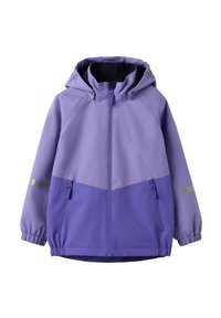 Paarse jas met een capuchon, met een twee-tinten ontwerp met lichte en donkere paarse secties, ritszakken en reflecterende accenten.
