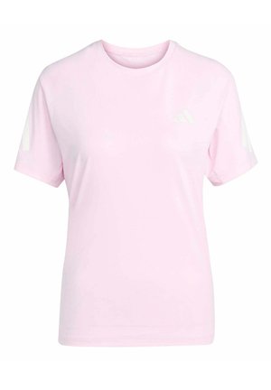 T-shirt rosa chiaro a maniche corte con scollo rotondo, con un sottile logo adidas bianco sul petto e strisce sulle maniche.