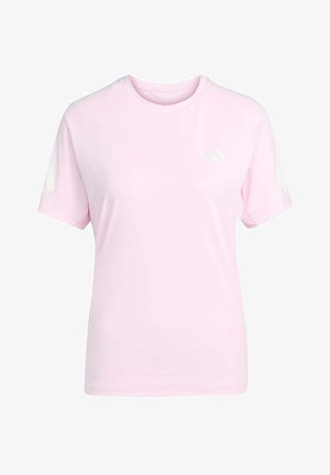 Hellrosa kurzärmeliges T-Shirt mit Rundhalsausschnitt, dezentem weißen Adidas-Logo auf der Brust und Streifen an den Ärmeln.