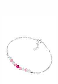 Pulsera de cadena de plata que presenta cristales rectangulares multicolores en rosa y transparente, con acentos metálicos y cierre de langosta.
