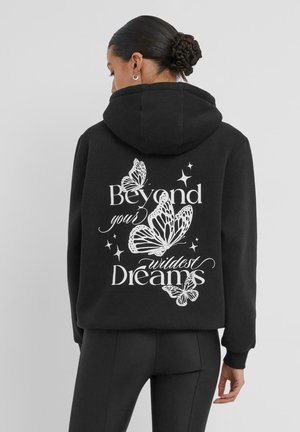 Black hoodie with a drawstring hood, featuring white text and butterfly graphics on the back. Soft fabric and relaxed fit design.