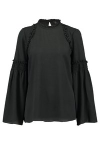 Schwarze Bluse mit langen, weiten Ärmeln und Rüschenakzenten entlang des Ausschnitts und an den Ärmelrändern. Hergestellt aus leichtem Stoff mit glatter Textur.