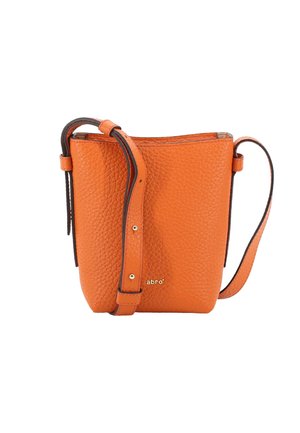 Orange leather bucket bag with a textured finish, adjustable strap, and a subtle logo detail on the front. Rounded shape with open top.