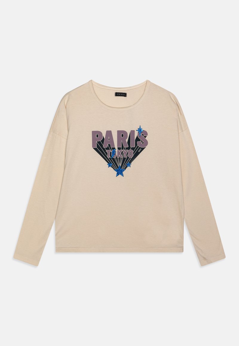 Beige lange mouwen t-shirt van zachte stof met "PARIS" en "TOKYO" grafieken in paars en blauw met steraccenten.