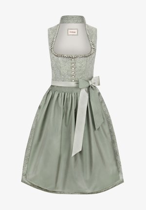 Hellgrünes Dirndl mit gemustertem Mieder, Knopfverschluss vorne und softem Rock. Verfügt über ein Satinband und eine Schleife in der Taille. Elegante Designelemente.