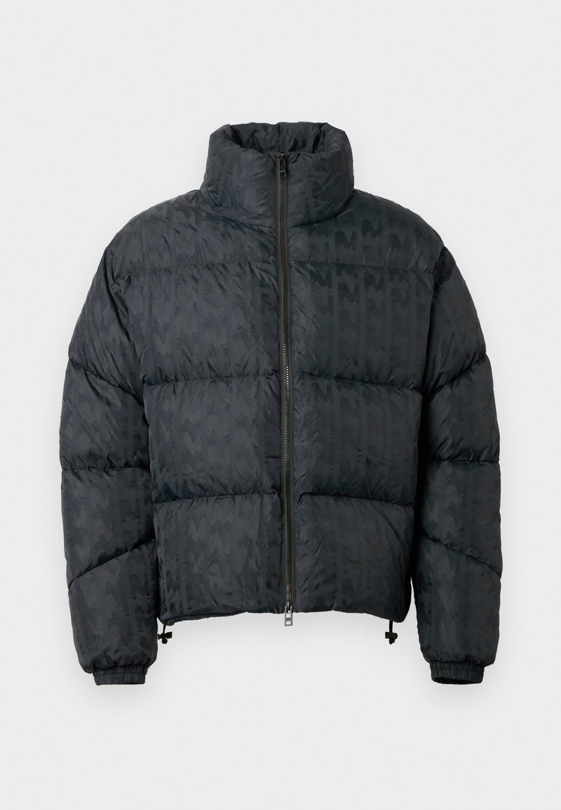 Black puffer jacket featuring quilted design, high collar, front zipper, and elastic cuffs. Smooth texture with a subtle pattern.
