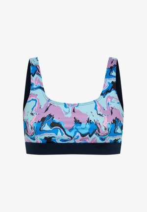 Brassière de sport à larges bretelles, présentant un motif marbré abstrait bleu, violet et rose avec une bande unie bleu foncé sous la poitrine.
