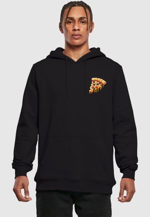 Black hoodie featuring a graphic of a slice of pizza with toppings. Material appears soft; includes a front pouch pocket and drawstring hood.