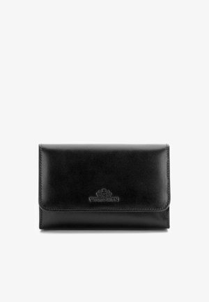 Portefeuille en cuir noir avec fermeture à rabat, logo embossé portant la mention "WITTCHEN" et un emblème décoratif subtil au centre avant.