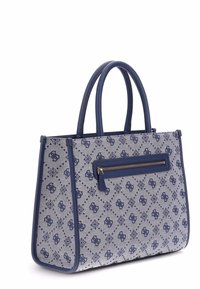 Borsa a tracolla a fantasia blu realizzata in tessuto con un design elegante. Presenta due manici e una tasca frontale con zip per una maggiore funzionalità.