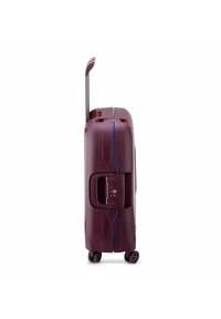 Hard-shell suitcase in dark red with a textured surface, blue accents, a retractable handle, and four wheels for mobility.