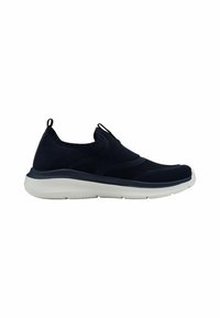 Sneaker slip-on blu navy con tomaia in rete, sovrapposizioni testurizzate e suola in gomma bianca. Presenta un anello sul tallone per una vestibilità facile.