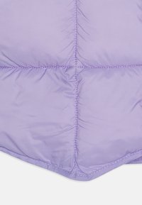 Lazdyno pūkuota striukė, turinti lygų, blizgantį paviršių, kvadratinį raštą ir chevron siūles, pabrėžiančias šilumą ir izoliaciją.