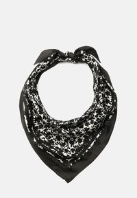 Foulard in seta stampata floreale in bianco e nero, di forma triangolare con una texture liscia, caratterizzato da un bordo decorativo e un dettaglio di nodo legato.