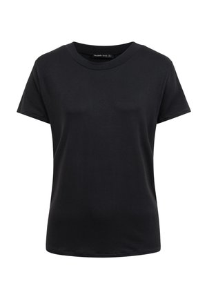 Sort T-shirt med korte ærmer og rund halsudskæring samt lige kant, vist på en helt hvid baggrund.