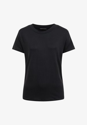 Sort T-shirt med korte ærmer og rund halsudskæring samt lige kant, vist på en helt hvid baggrund.