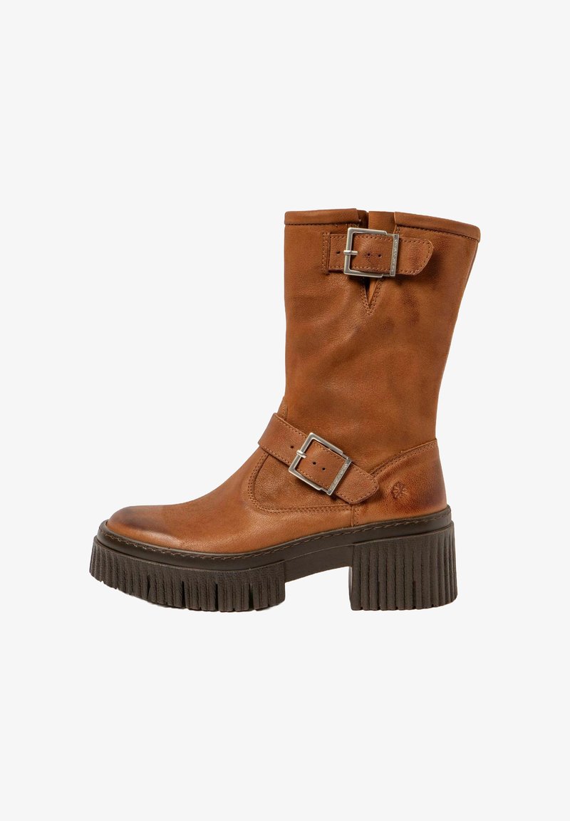 Brown leather ankle boot with a rounded toe, buckle accents on the side, and a chunky textured sole. Features a smooth finish.