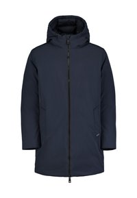Marineblauer Parka mit gepolsterter Kapuze, durchgehendem Reißverschluss, zwei seitlichen Taschen und einer glatten Textur. Hat ein minimales Branding.