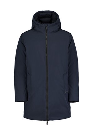 Marineblauer Parka mit gepolsterter Kapuze, durchgehendem Reißverschluss, zwei seitlichen Taschen und einer glatten Textur. Hat ein minimales Branding.