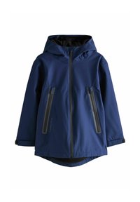 Giacca impermeabile blu navy con cappuccio, dotata di due tasche verticali con cerniera e una morbida fodera interna. Polsini e orlo regolabili.