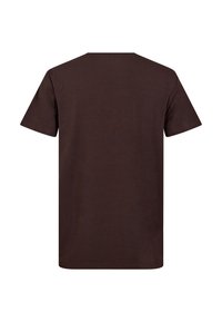 Brun kortærmet T-shirt lavet af blød bomuld. Har en klassisk rund hals og en ensfarvet ryg uden synlige logoer eller mønstre.