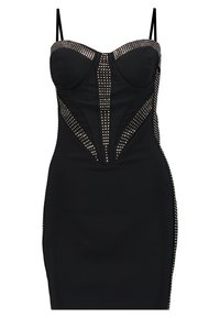 Musta olkaimeton mekko, jossa on vartalonmyötäinen siluetti. Mekossa on niittikoristeita ja teksturoidut paneelit sivuilla, jotka luovat jäsennellyn ilmeen.