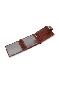 Brązowy skórzany portfel o podwójnym składzie, z przezroczystymi przegródkami na karty, zamykaną kieszenią na zamek i zapięciem na zatrzask. Gładka tekstura, proste akcenty.