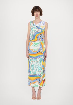 Sleeveless dress in lightweight fabric featuring a vibrant floral and graphic print. Colors include blue, orange, green, and white. Knotted waist detail.