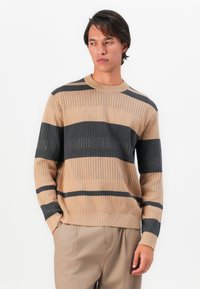 Bărbat îmbrăcat cu un pulover cu dungi ribbed bej și gri închis, purtând pantaloni bej, stând cu mâinile în buzunare, privind spre stânga pe un fundal alb.