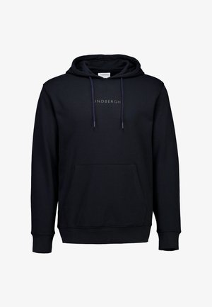 Zwarte hoodie gemaakt van zacht materiaal, voorzien van een voorzak, trekkoorden en een logo op de borst. Normale pasvorm.