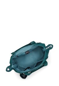 Teal fabric handbag with a zip closure. Interior lined in light blue, featuring one zip pocket and two open pockets. Silver hardware accents.